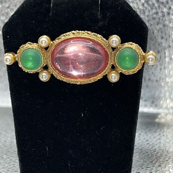 Vintage Ornate French Brooch Pin Pink and Green Classic Edwardian Y2K Regency - Picture 1 of 7